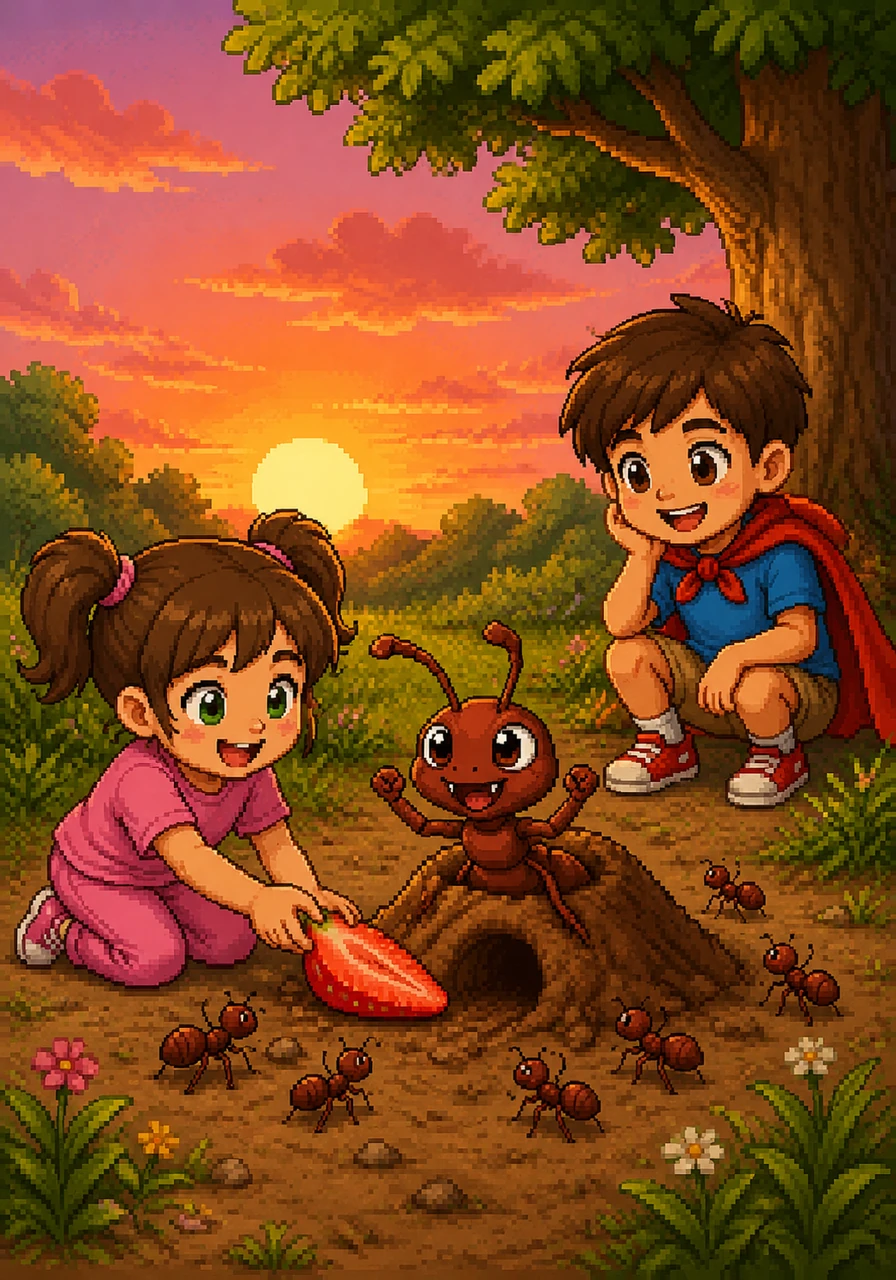 The sun began to dip low in the sky, painting the clouds in beautiful shades of orange and pink, signaling that playtime was coming to an end. Lily carefully placed a delicious, sweet strawberry slice right next to Pip's anthill as a special thank-you gift for his hard work. Pip waved his antennae gratefully, smelling the sweet fruit that would feed his entire colony for days.