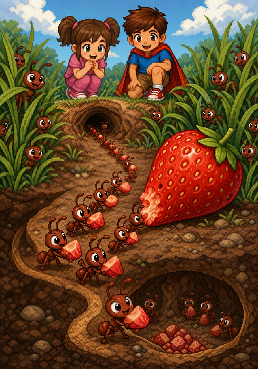 Dozens of Pip's ant friends poked their heads out of the grass, amazed by the giant treat sitting right outside their front door. Together, with Pip leading the way, the ants formed a perfectly organized line to carry the sweet strawberry pieces deep underground. The children watched in fascination, learning how wonderful teamwork can be when everyone works together.