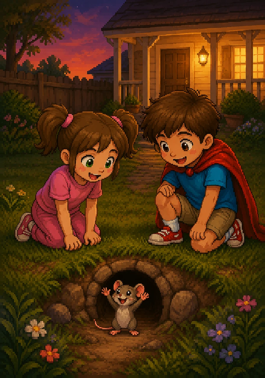Before heading inside for dinner, the children knelt down by the grass one last time to whisper a sweet goodbye to their tiny new hero. Pip stood proudly at the entrance of his home, raising his front legs in a cheerful wave as his giant friends walked toward their porch. The backyard felt quieter now, but it was filled with the warmth of a beautiful new friendship.