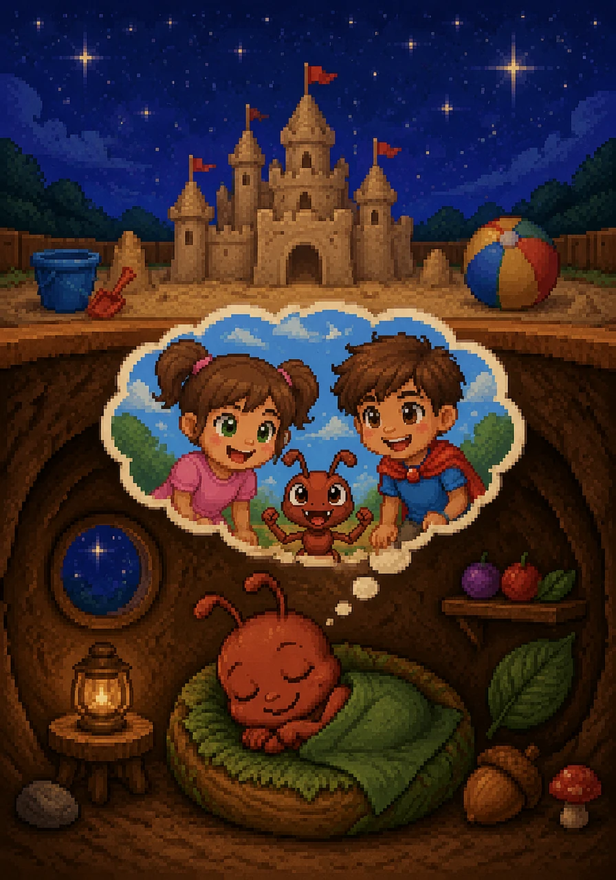 Snug inside his cozy chamber deep beneath the earth, Pip curled up to rest his tired but happy legs after his big adventure. Outside, the stars began to twinkle over the quiet sandbox castle, waiting for another day of fun. Pip closed his eyes, dreaming of the big world above and the giant friends who showed him that no one is too small to make a difference.