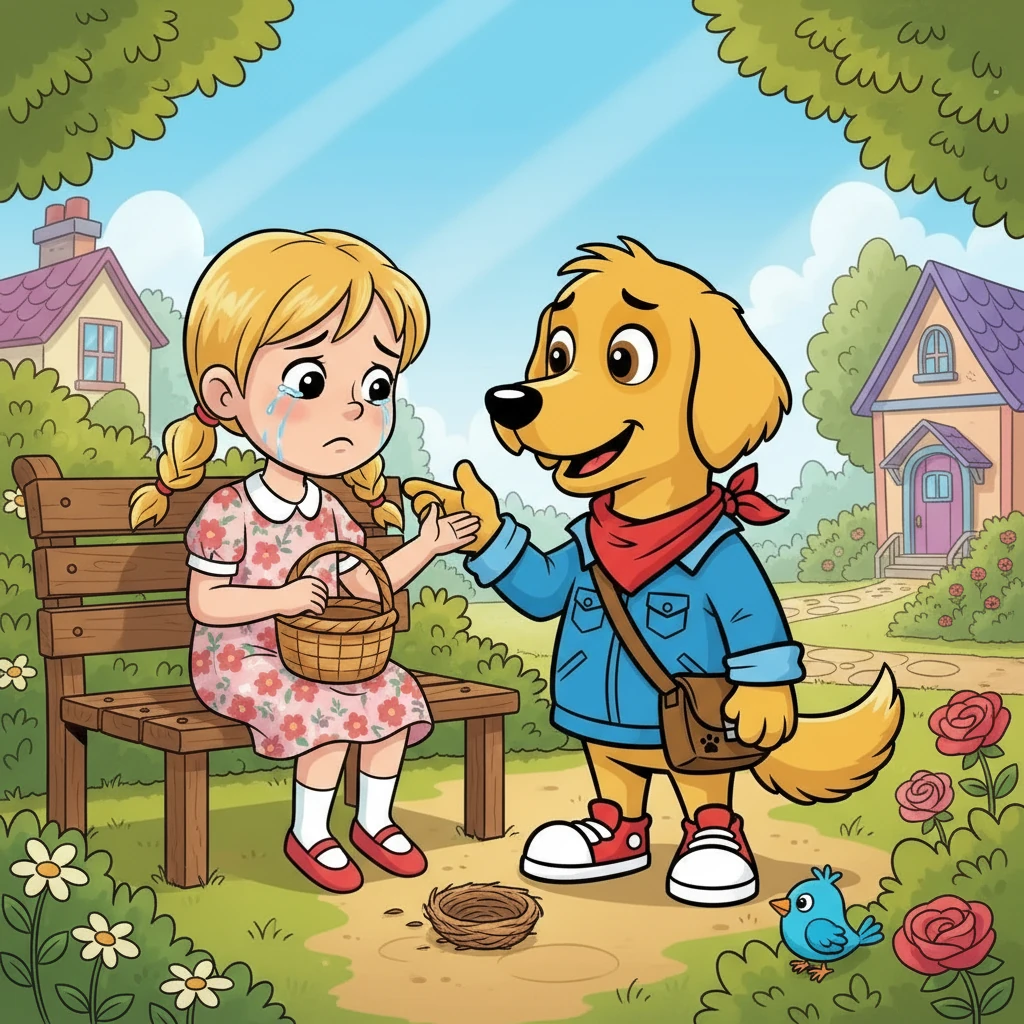 One sunny morning, Lily was upset because she'd lost her favorite toy, a little blue bird. Barnaby, seeing her tears, knew he had to help. He nudged her hand with his wet nose, a plan already forming in his head.