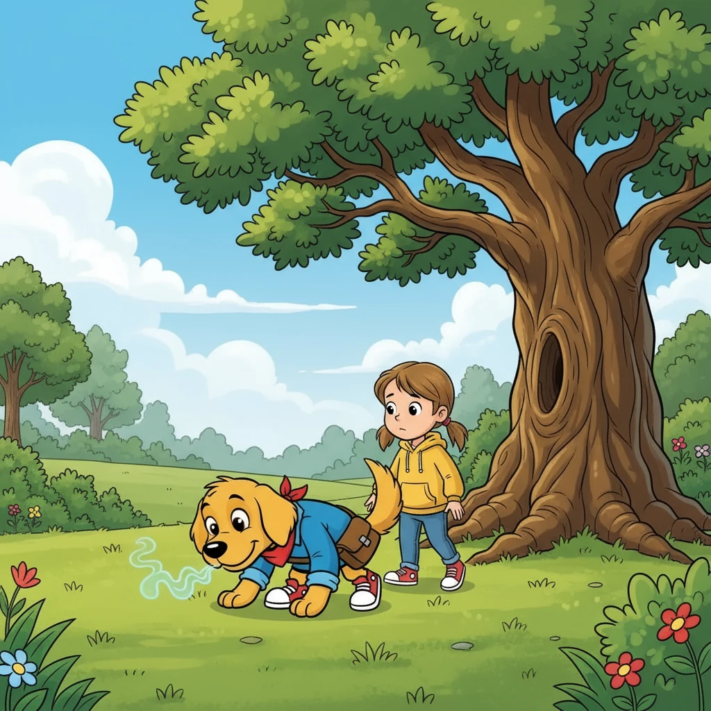 Barnaby sniffed the air, his nose twitching. He followed a faint scent, leading Lily through the park and past the big oak tree. He knew the bird was nearby. He could feel it in his paws.