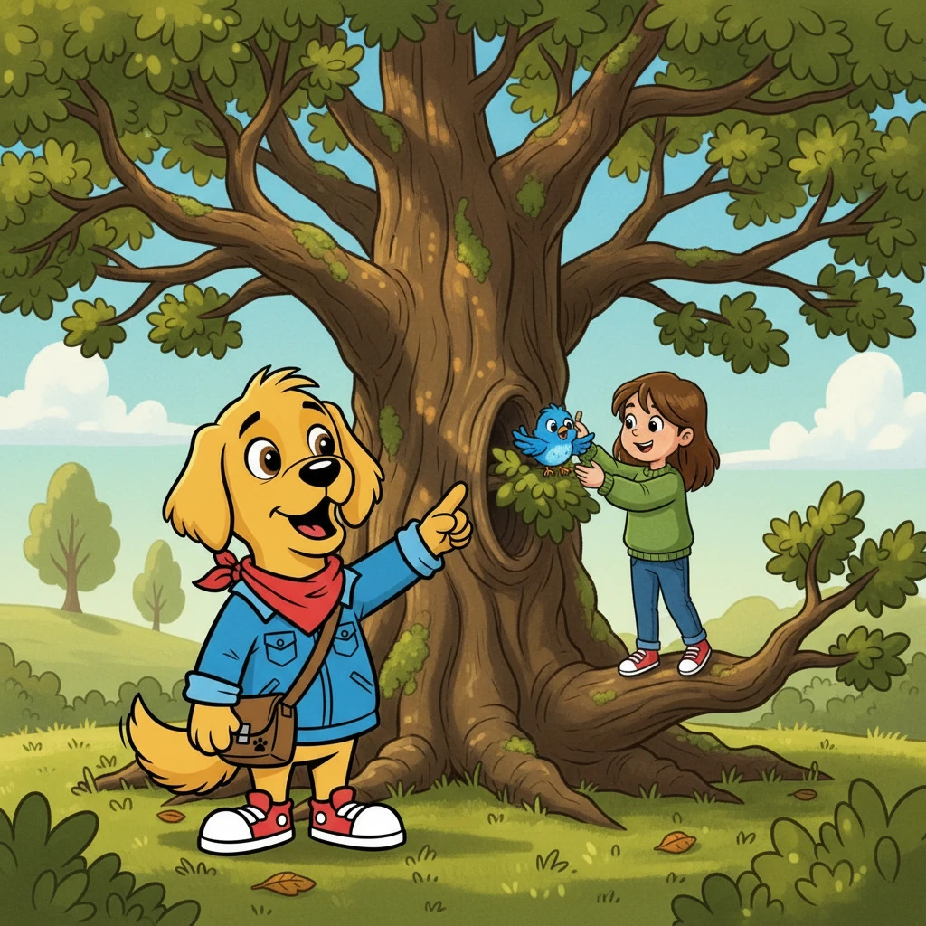 They found the blue bird tangled in the branches of the old oak tree. Barnaby, using his cleverness, barked and pointed, guiding Lily to the perfect spot to reach it. Lily carefully untangled the bird.