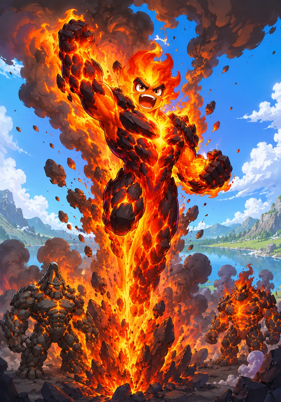 With a thunderous roar, Magmus burst through the Earth's surface, erupting into the air as brilliant orange lava, dark plumes of ash, and swirling gases. He finally reached the world he had only ever seen in his dreams.