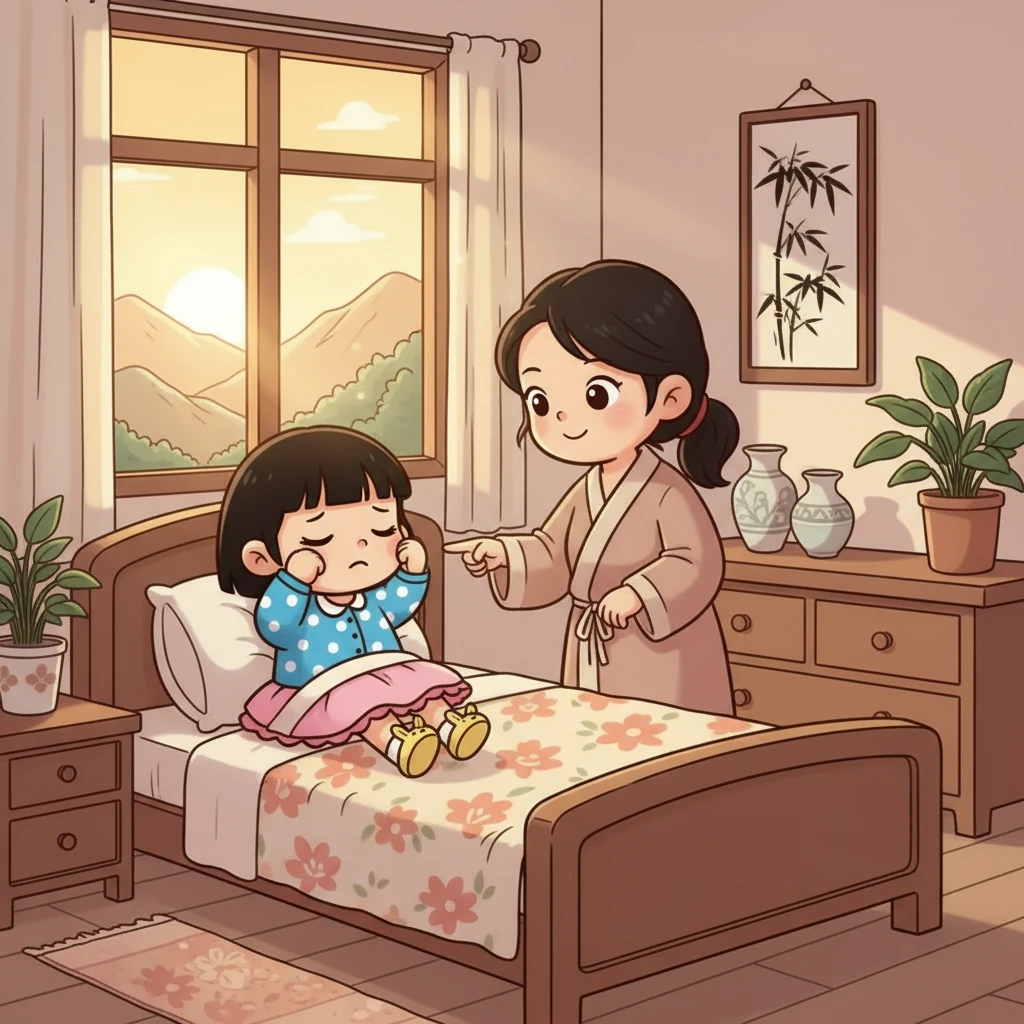 慕桃是一个可爱的小女孩，她有一双水汪汪的大眼睛和一头乌黑的头发。每天早上，当太阳刚刚升起，她就会揉着惺忪的睡眼起床。今天，妈妈要教她一件重要的事情。