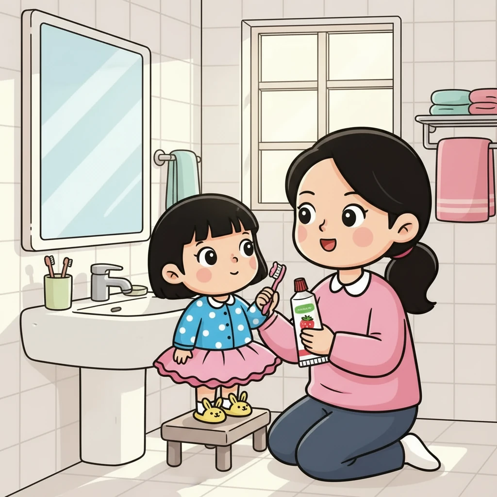 妈妈拿着一把粉红色的小牙刷和一管草莓味的牙膏，对慕桃说：“宝贝，我们一起刷牙吧！这样你的小牙齿才会闪闪发光，像星星一样亮晶晶！” 慕桃好奇地看着牙刷和牙膏。