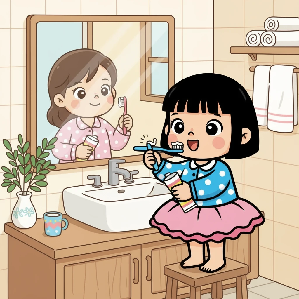 慕桃挤出一点牙膏在牙刷上，开始模仿妈妈的动作。她先刷上面的牙齿，再刷下面的牙齿，然后刷刷牙齿的内侧，最后刷刷牙齿的背面。她觉得这真是一个有趣的游戏！