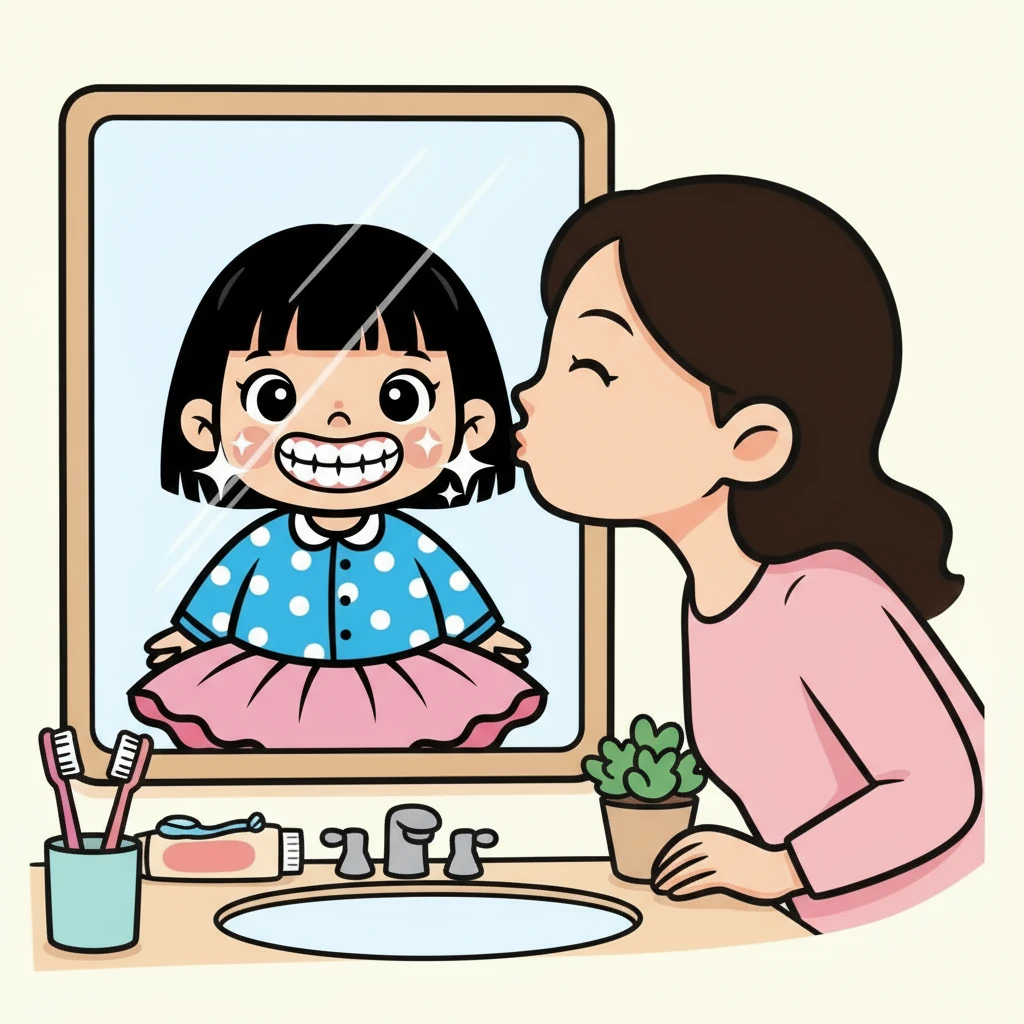 慕桃刷完牙后，对着镜子里的自己笑了笑。她的牙齿变得干净又白，闪闪发光。她开心地说：“我的牙齿变得好漂亮呀！” 妈妈亲了亲她的小脸颊，说：“慕桃真棒！”