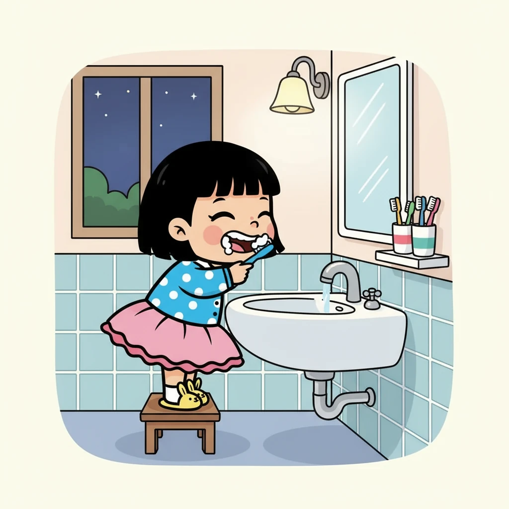 晚上，慕桃吃完晚饭后，又拿起牙刷。她知道晚上也要刷牙，才能保护牙齿。她认真地刷着牙齿，心里想着今天发生的美好事情。