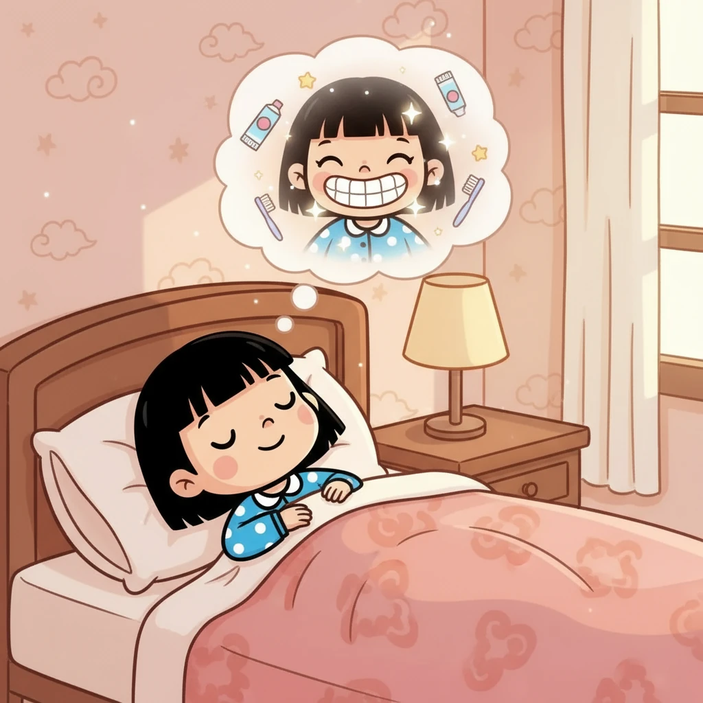 慕桃刷完牙，躺在床上，闭上眼睛。她想象着自己拥有一口闪亮的小牙，每天都开心地笑。她知道，只要坚持早晚刷牙，就能拥有健康美丽的牙齿，做一个快乐的小女孩！