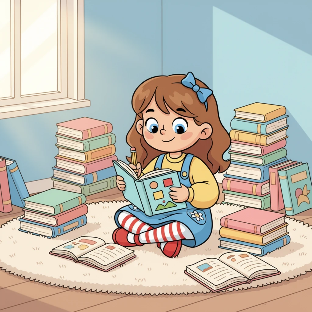 Léa est une petite fille aux grands yeux brillants qui adore explorer le monde des livres. Elle est assise sur un tapis moelleux, entourée de piles de contes colorés. Un sourire doux illumine son visage alors qu'elle feuillette un album illustré.