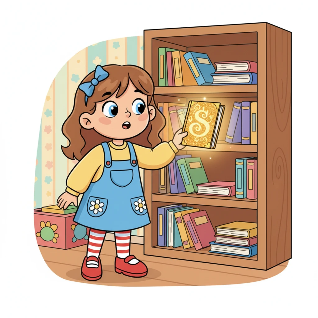 Un jour, un livre spécial, avec une couverture scintillante et des lettres dorées, apparaît sur son étagère. Il émet une douce lumière et semble l'appeler. Léa, intriguée, tend sa petite main vers ce trésor mystérieux.