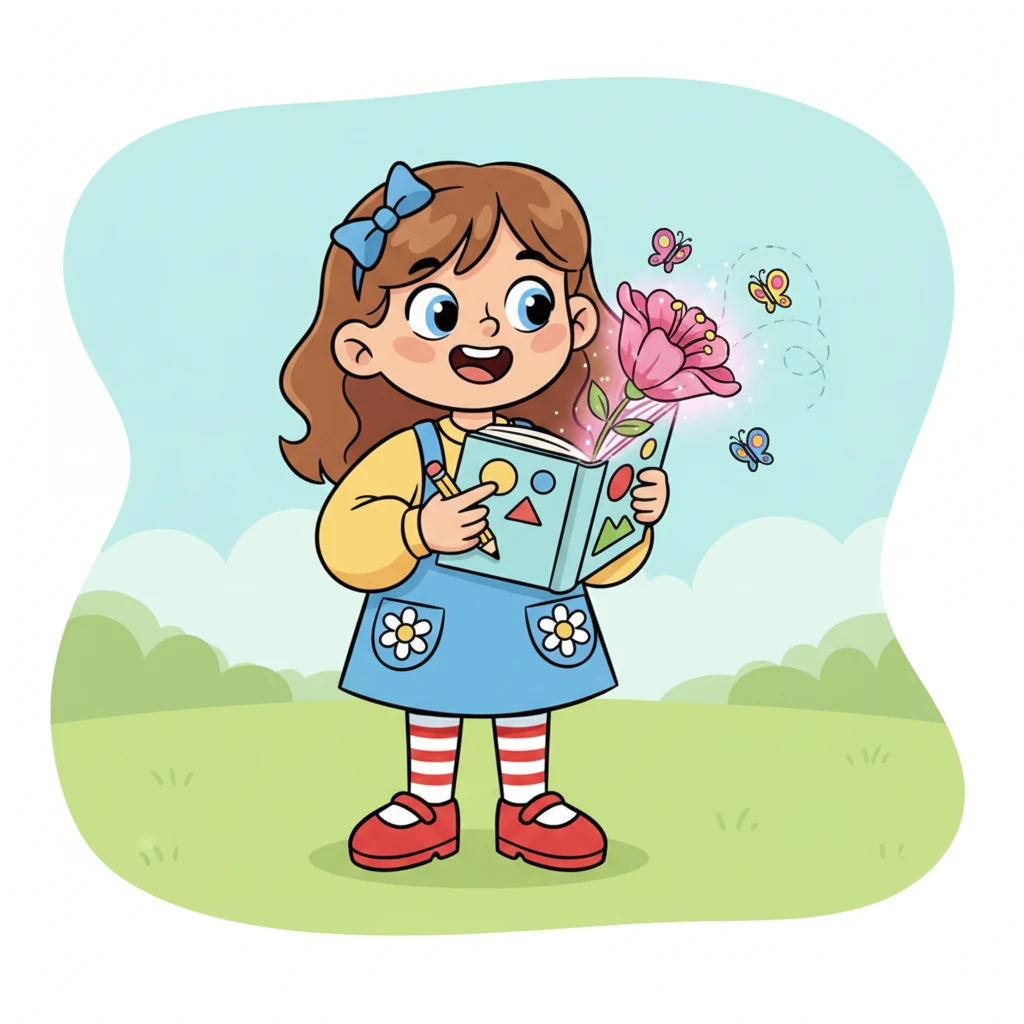 En l'ouvrant, une magnifique fleur rose apparaît sur la page, ses pétales s'épanouissant comme par magie. Léa pointe du doigt la "fleur" et répète le mot avec un grand sourire. Des papillons joyeux virevoltent autour de la fleur enchantée.