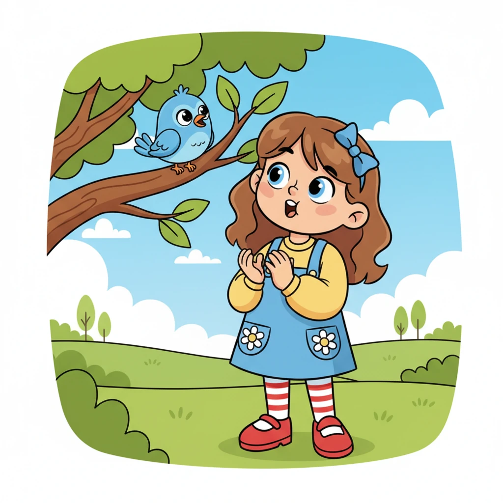 La page suivante révèle un petit oiseau bleu perché sur une branche, chantant joyeusement. Léa écoute attentivement le "oiseau" et essaie d'imiter son chant mélodieux. L'oiseau la regarde avec des yeux pétillants de malice.