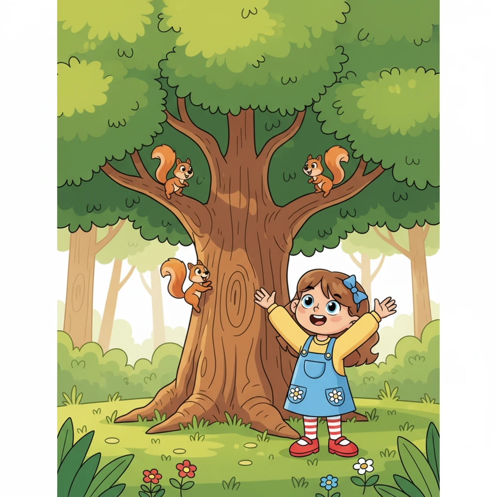 Puis, un grand et majestueux "arbre" vert se dresse au milieu d'une clairière ensoleillée. Léa lève les bras pour montrer sa taille impressionnante. Des écureuils espiègles grimpent le long de son tronc.