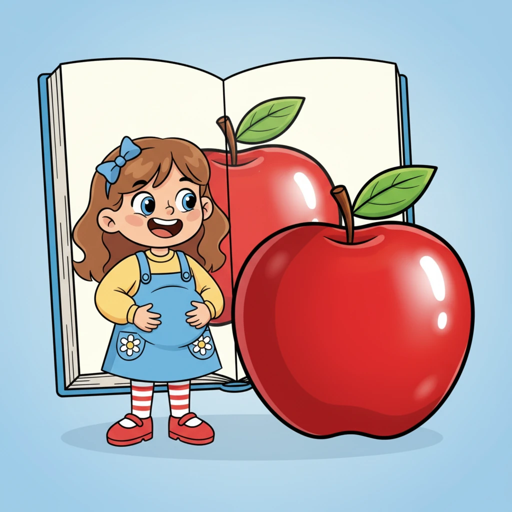 Une page gourmande montre une "pomme" rouge et croquante, si réaliste qu'on voudrait la croquer. Léa frotte son ventre en imaginant son goût délicieux. Elle apprend le mot avec un air malicieux.