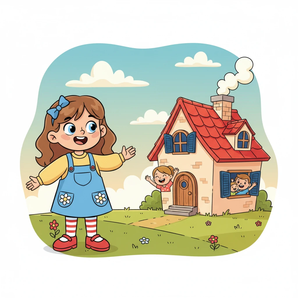 Une charmante "maison" aux volets bleus et au toit rouge apparaît, avec de la fumée s'échappant de la cheminée. Léa imagine une famille joyeuse à l'intérieur, agitant la main à la petite porte. C'est un endroit chaleureux et accueillant.