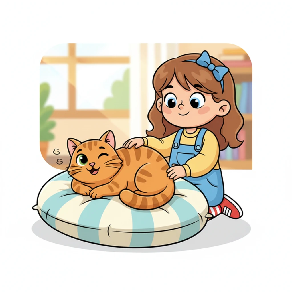 Un doux "chat" tigré se prélasse sur un coussin douillet, ronronnant de plaisir. Léa tend une main douce pour le caresser sur la page. Le chat semble lui faire un clin d'œil amical.