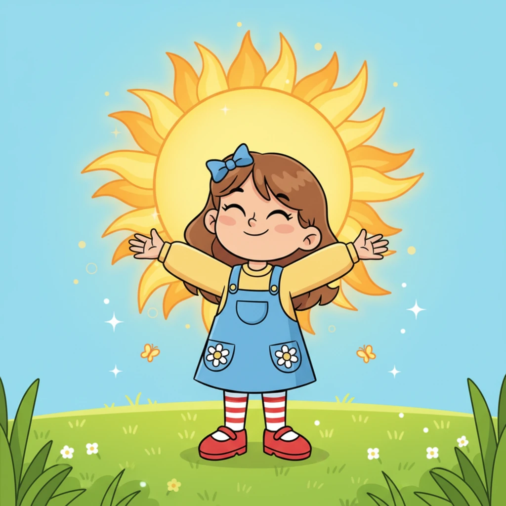 Le "soleil" éclatant brille dans un ciel bleu sans nuages, réchauffant tout le paysage. Léa ferme les yeux un instant, sentant la joie de cette lumière imaginaire. Elle apprend ce mot lumineux avec un grand enthousiasme.