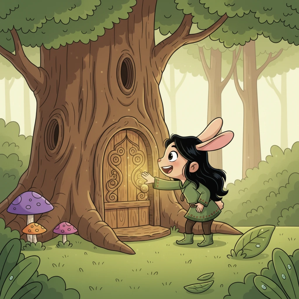 Sinundan niya ang tunog at natagpuan ang isang lumang puno na may kumikinang na pintuan. Ang pintuan ay gawa sa kahoy ngunit naglalabas ng banayad na liwanag, na tila naghihikayat sa kanya na pumasok.