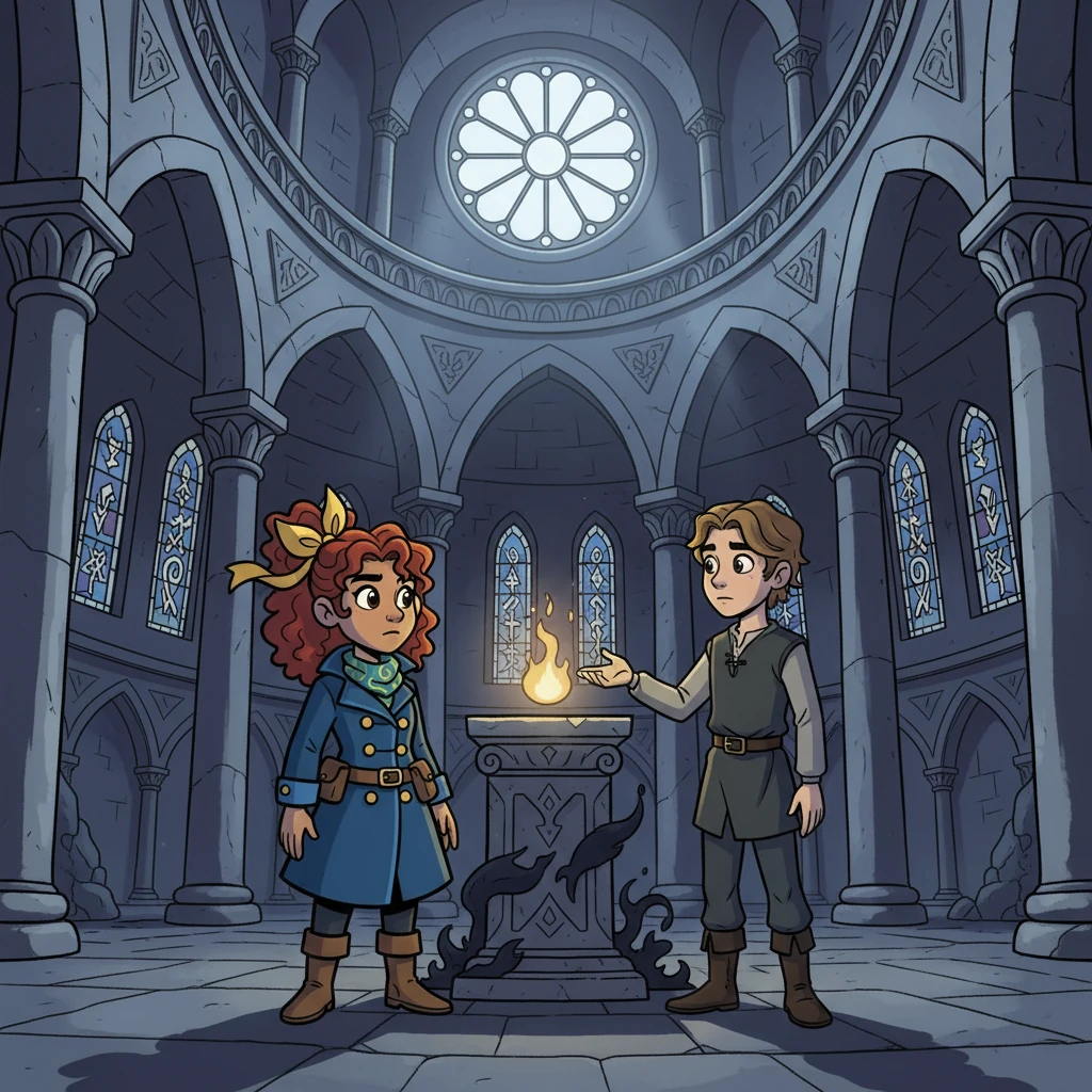 Marcus showed Elara the dying Flame, its light flickering weakly in a grand chamber. He explained the Shadow King, banished long ago, had cursed it. Their connection grew stronger as they worked together, a forbidden love blossoming amidst the looming darkness.