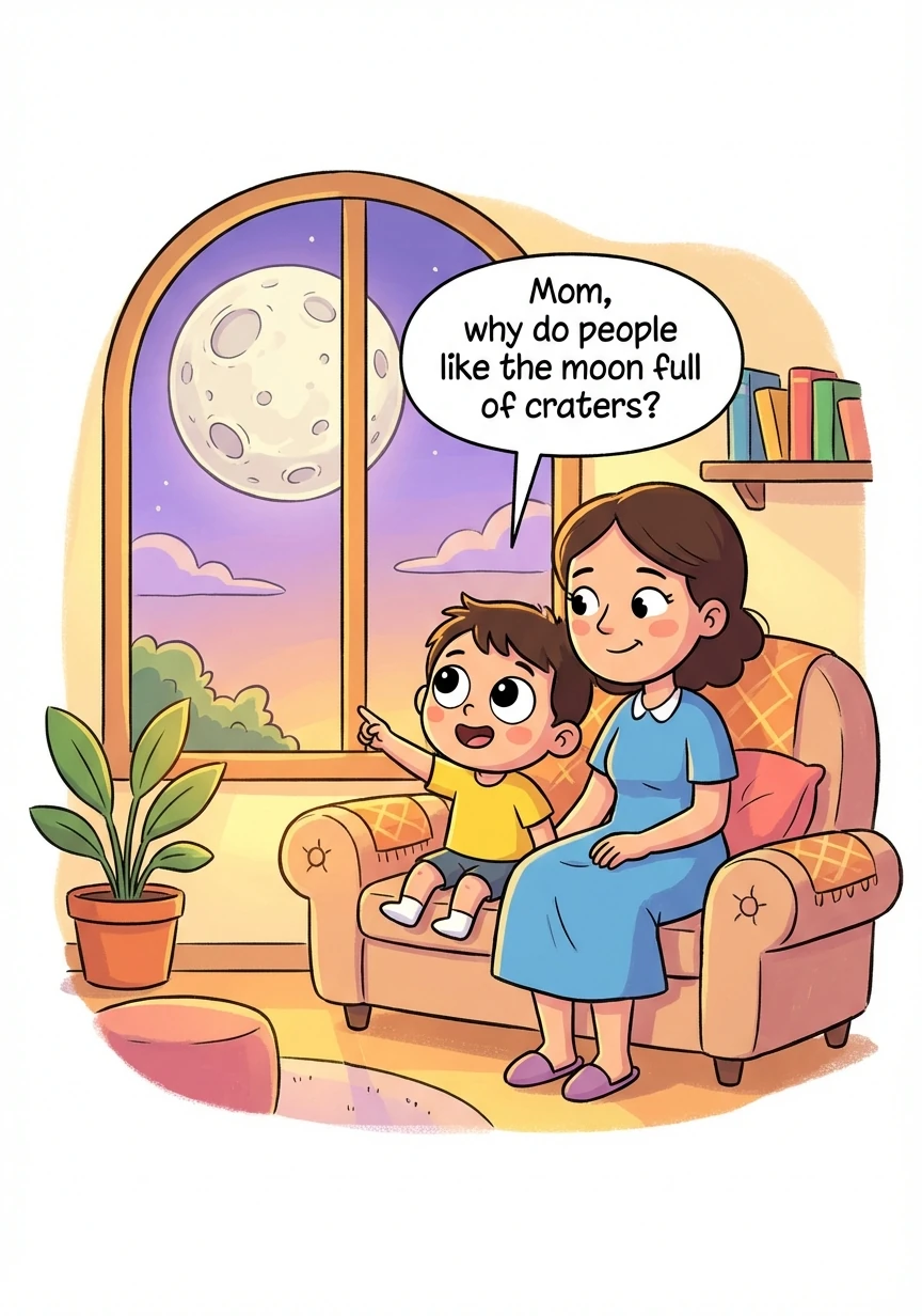 Suatu sore, Binar bertanya pada ibunya, 'Ibu, mengapa orang menyukai bulan yang penuh kawah?'
