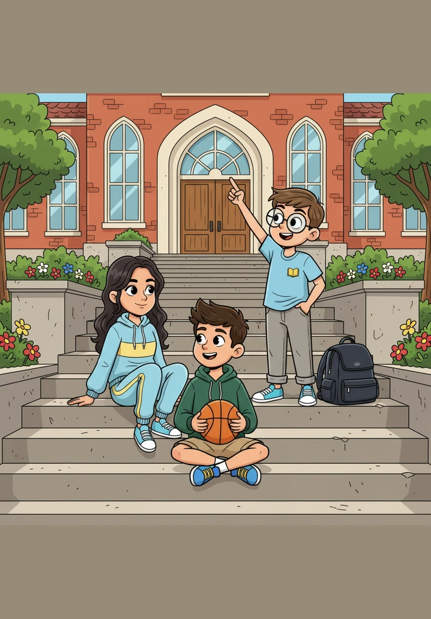 Outside on the school steps, Tosia leans back in her comfortable tracksuit, radiating an aura of effortless cool. She is the heart of the group's relaxed energy, staying true to herself and reminding everyone that being real is the ultimate style. With her, there is no pretending, just a constant state of chill and authenticity.