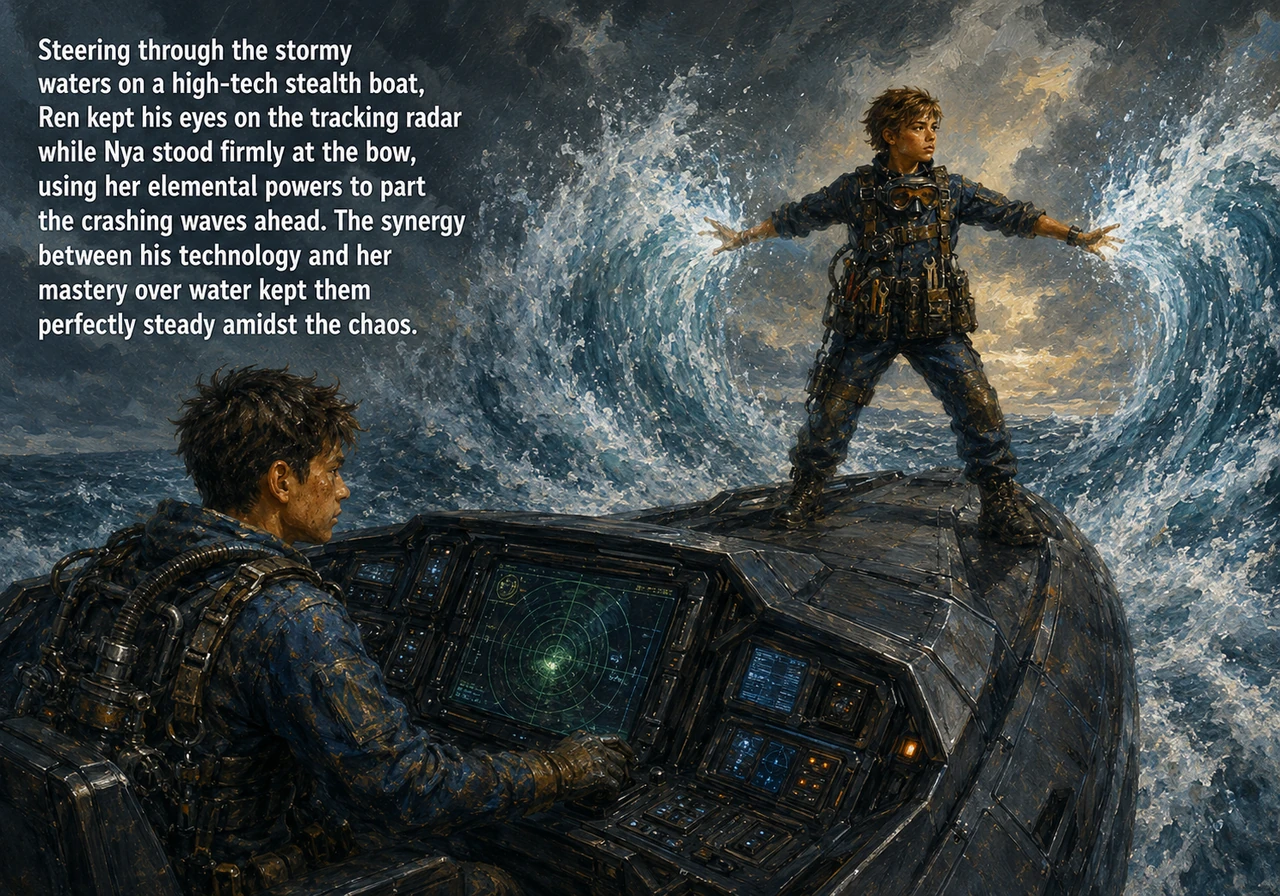 Steering through the stormy waters on a high-tech stealth boat, Ren kept his eyes on the tracking radar while Nya stood firmly at the bow, using her e