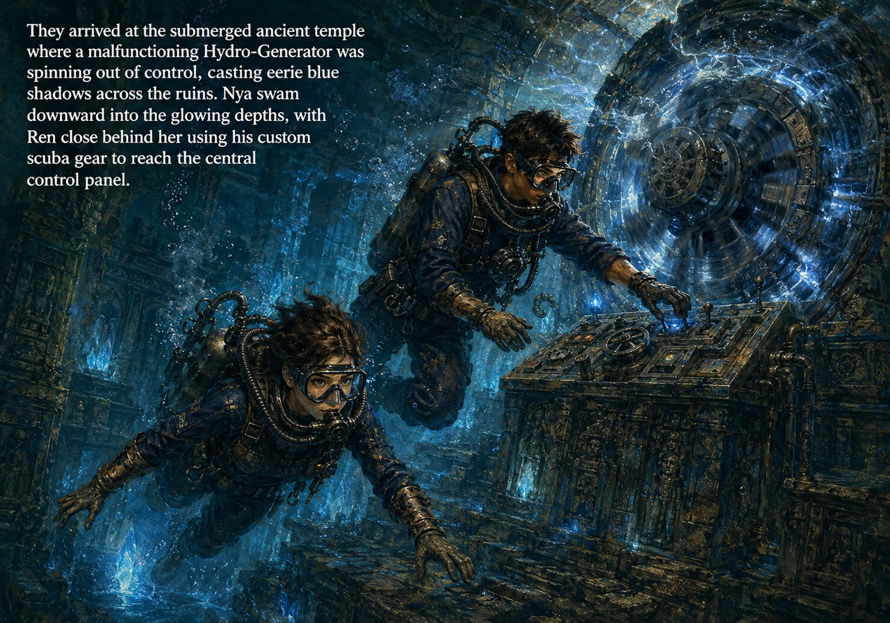 They arrived at the submerged ancient temple where a malfunctioning Hydro-Generator was spinning out of control, casting eerie blue shadows across the
