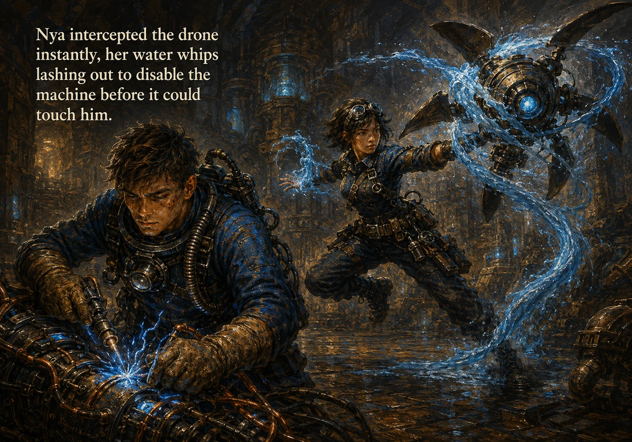 While Ren frantically rewired the sparking circuits of the ancient machine, a rogue mechanical defense drone activated, charging directly at him with