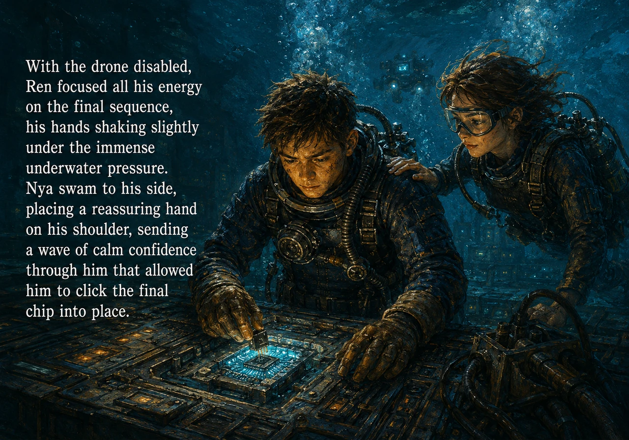 With the drone disabled, Ren focused all his energy on the final sequence, his hands shaking slightly under the immense underwater pressure. Nya swam