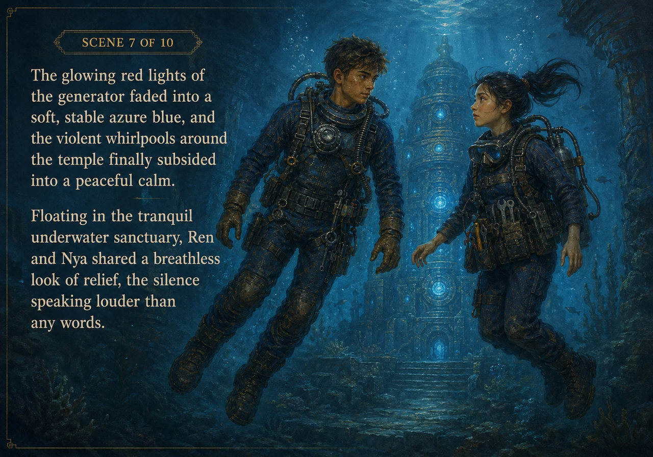 The glowing red lights of the generator faded into a soft, stable azure blue, and the violent whirlpools around the temple finally subsided into a pea