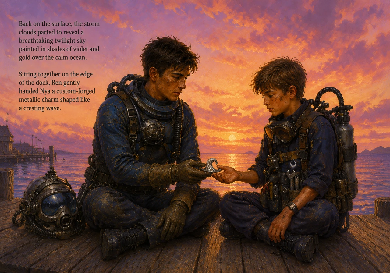 Back on the surface, the storm clouds parted to reveal a breathtaking twilight sky painted in shades of violet and gold over the calm ocean. Sitting t