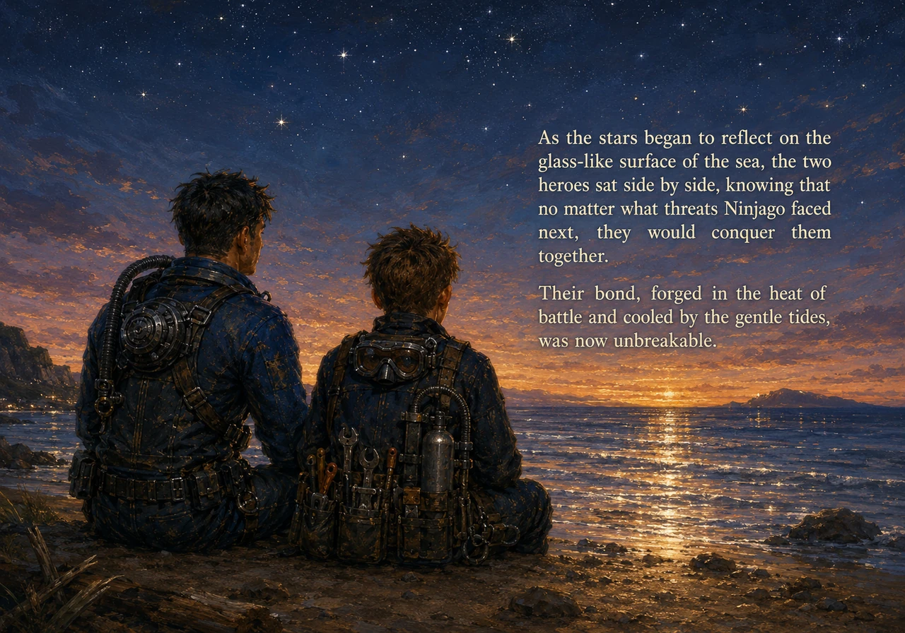 As the stars began to reflect on the glass-like surface of the sea, the two heroes sat side by side, knowing that no matter what threats Ninjago faced