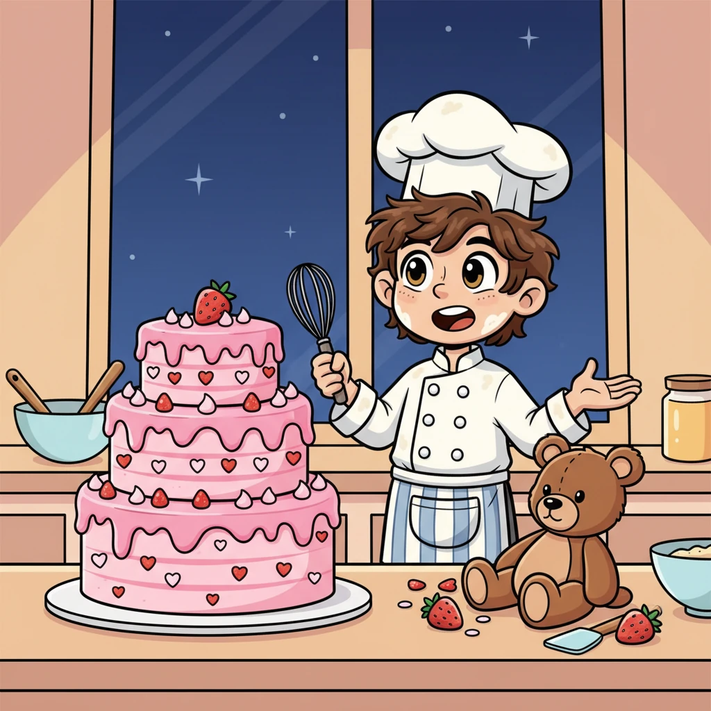 One Saturday, Oliver, smitten by Lily's charm and laughter, decides it's time to confess his feelings. He spends the entire night meticulously baking the most magnificent three-layered strawberry cake with delicate pink frosting and tiny edible sugar hearts. He practices his heartfelt speech repeatedly, hoping for the perfect romantic moment.