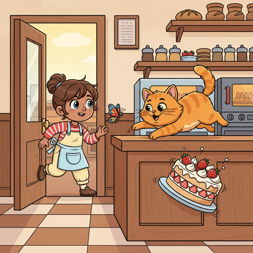 As Lily enters the bakery the next morning, a colorful butterfly flutters in through the open door, catching the eye of Marmalade, Oliver's mischievous orange cat. With a playful meow, Marmalade leaps onto the counter, chasing the butterfly with wild abandon. The beautiful strawberry cake begins to wobble precariously.
