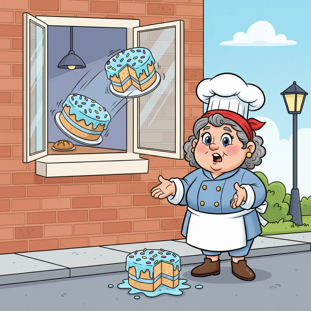 In a dramatic slow-motion sequence, the cake slides off the counter, sailing through the open window and landing with a soft splat on the sidewalk outside. Old Mrs. Peterson, who was just passing by, stares down in utter surprise at the perfectly intact, frosting-covered masterpiece at her feet. 'Well,' she exclaims with a delighted grin, 'this is the nicest thing anyone has ever thrown at me!'