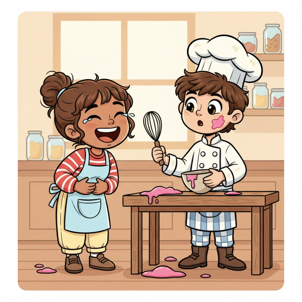 Lily bursts into bright, uncontrollable laughter, holding her stomach as she doubles over with mirth. Oliver stands frozen in place, a smear of pink frosting now adorning his cheek, his eyes wide with a mix of shock and embarrassment. In that moment, watching Lily's joyous reaction, he realizes it isn't just her smile he loves, but her infectious, heartwarming laugh.