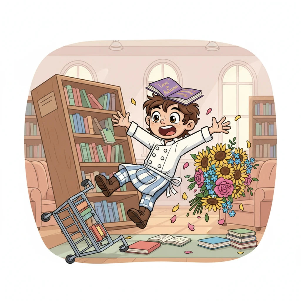 Determined not to give up, Oliver visits the library the very next day, carrying a bouquet of cheerful flowers instead of baked goods. However, his clumsiness strikes again; he trips over a rogue rolling book cart, sending himself sprawling and knocking over an entire shelf of romance novels. A copy of 'Love in Autumn' comically lands right on his head.