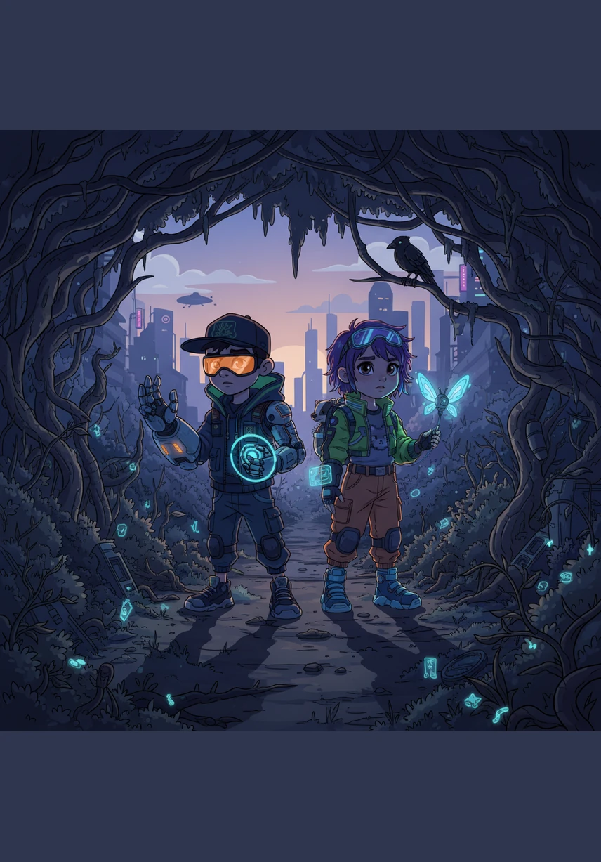 Hank and Bella stood at the edge of the overgrown garden, where the setting sun cast long, twisted shadows across the path. The air grew strangely cold, and the birds suddenly stopped singing as they ventured deeper into the brambles.