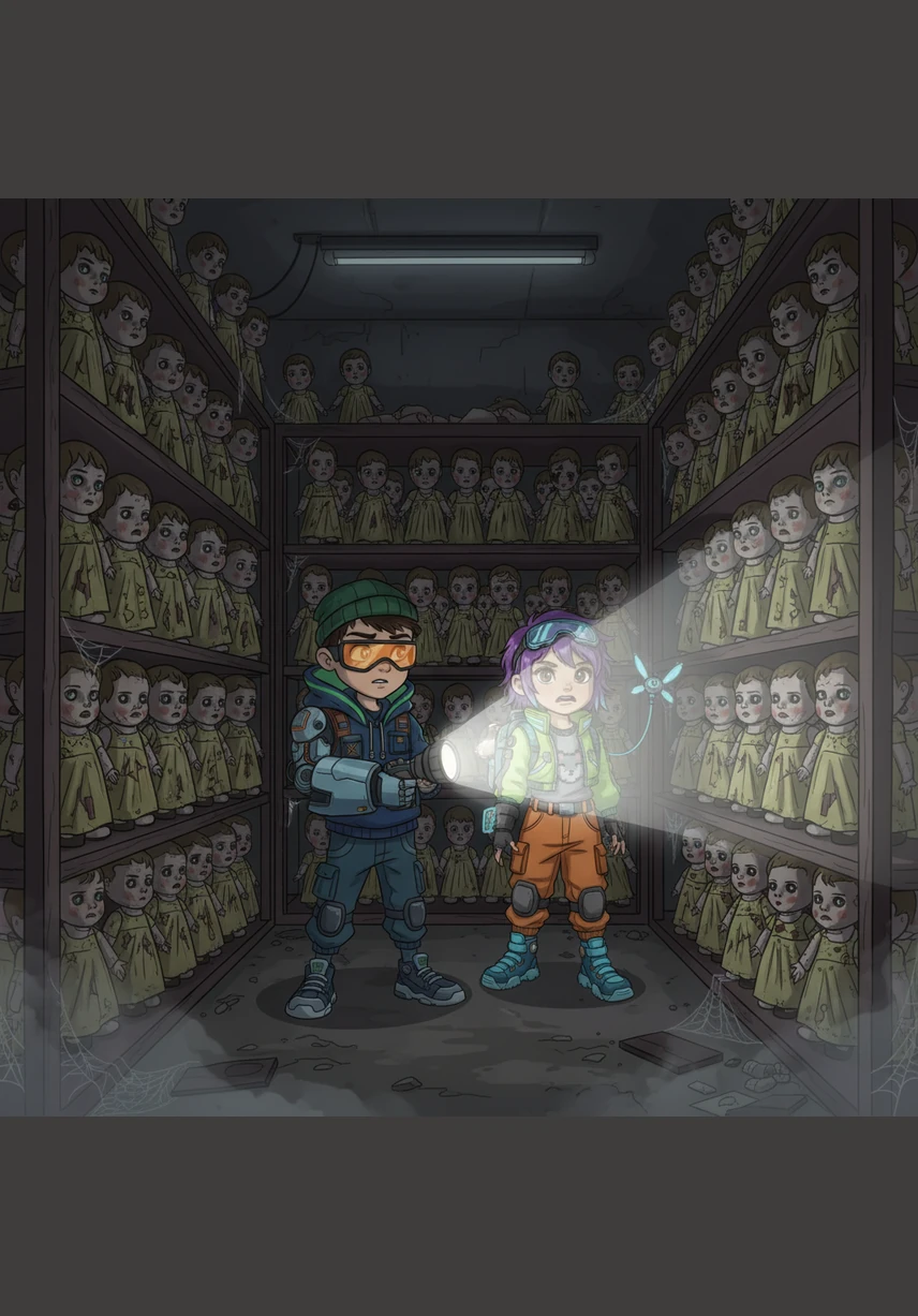 The flashlight beam swept across a large room filled with rows of antique porcelain dolls sitting on wooden shelves. Their painted faces were cracked, and their glassy eyes seemed to follow the children's every move.
