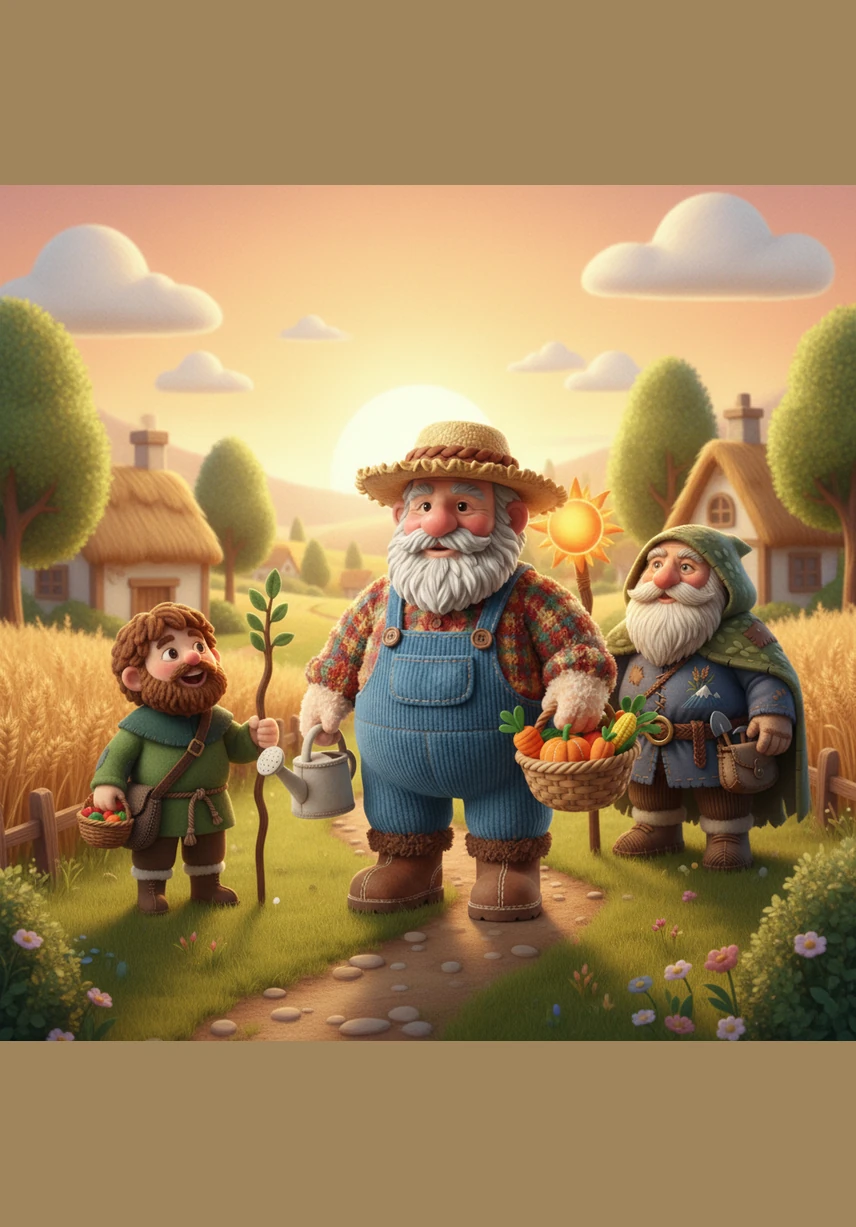 Silas stands in his small, lush field between two rolling hills, holding an old wooden plow. He works with his bare hands, showing a deep connection to the rich, dark soil of his modest farm.