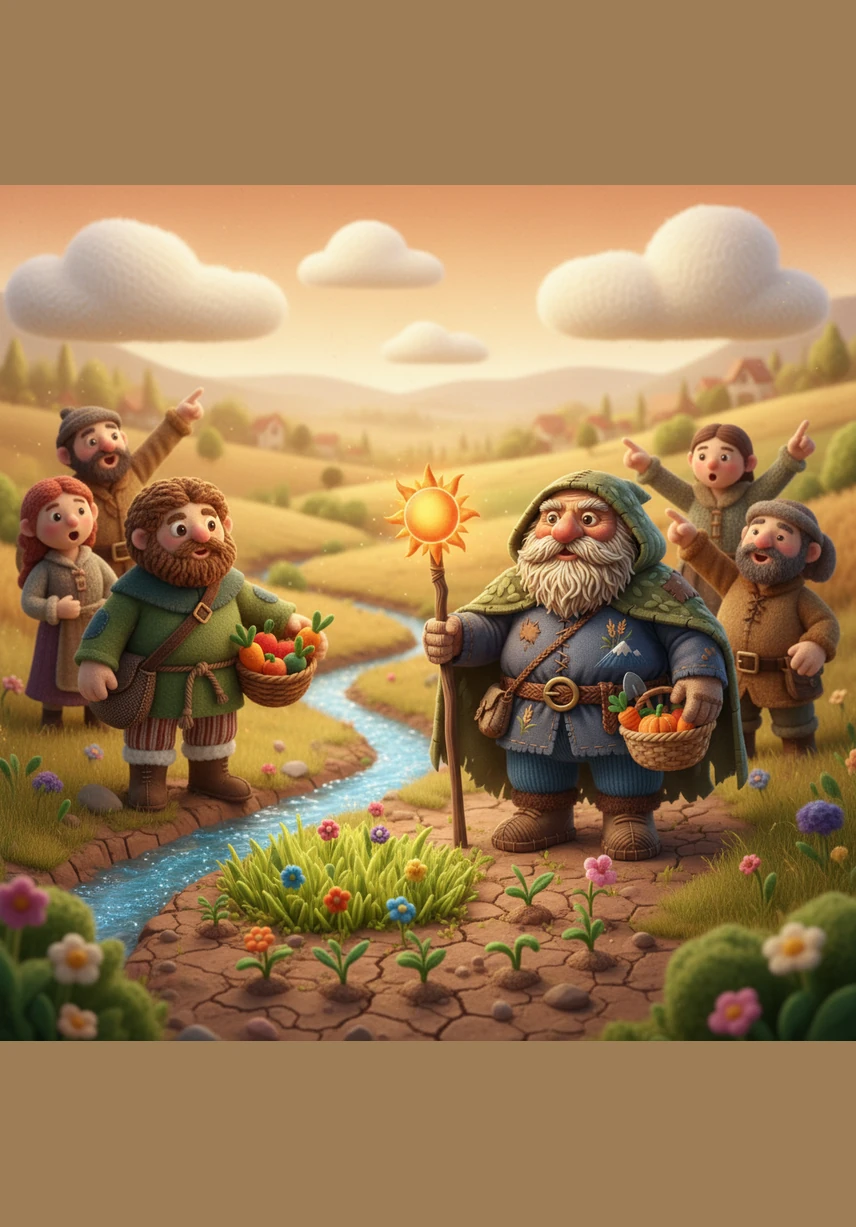 The sun blazes over the valley as the once-blue river turns into a thin trickle and the ground begins to crack like a spiderweb. Silas looks up at the cloudless sky, his face determined despite the oppressive heat.