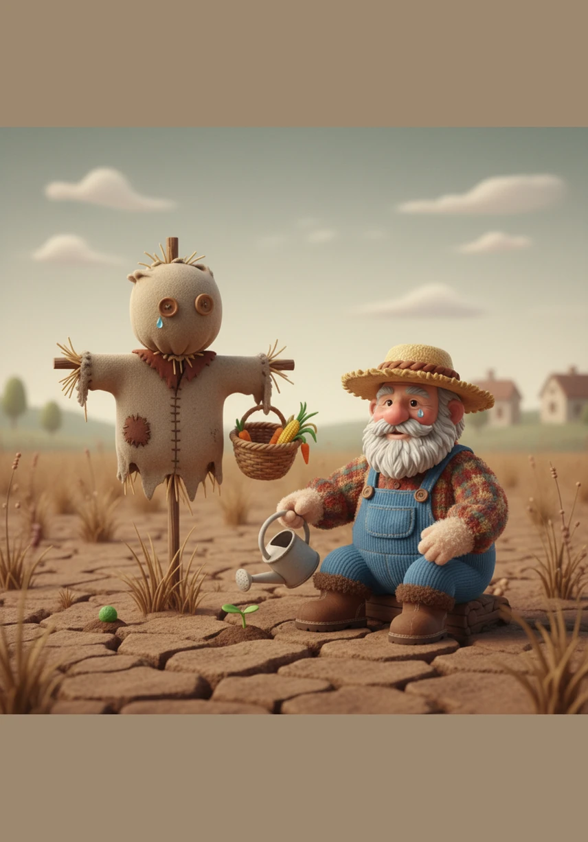 In a quiet corner of his field, Silas carefully plants the mysterious seeds in the parched earth. He pours the very last drops of his own drinking water onto the soil, nurturing the hidden life beneath.