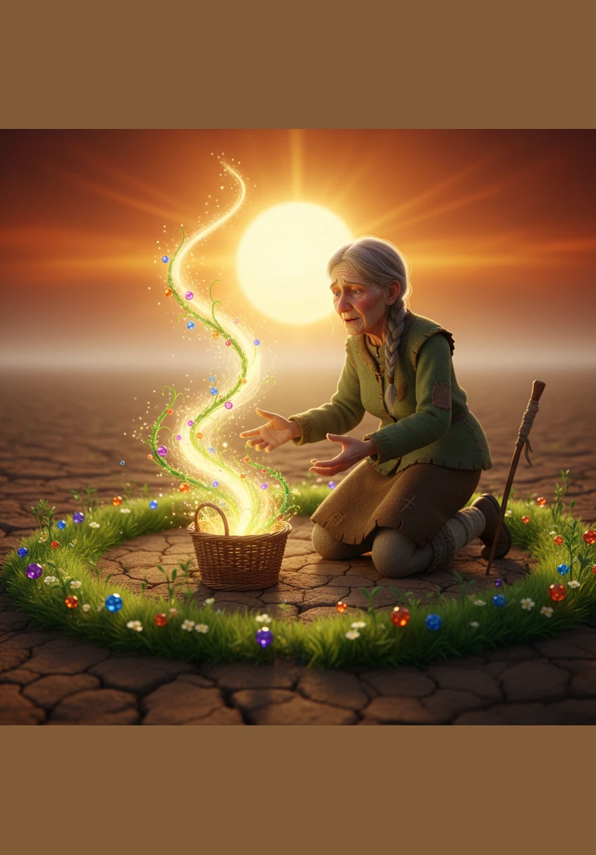 A miracle unfolds as vibrant, glowing green stalks rise from the dust, defying the surrounding brown wasteland. The plants grow tall and strong, shimmering like gold under the harsh midday sun.