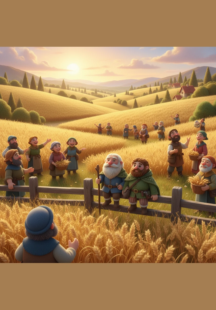 The entire valley is transformed into a breathtaking sea of waving golden grain under a soft sunset. Silas sits peacefully on a wooden fence, surrounded by a thriving community and the rewards of his patient labor.