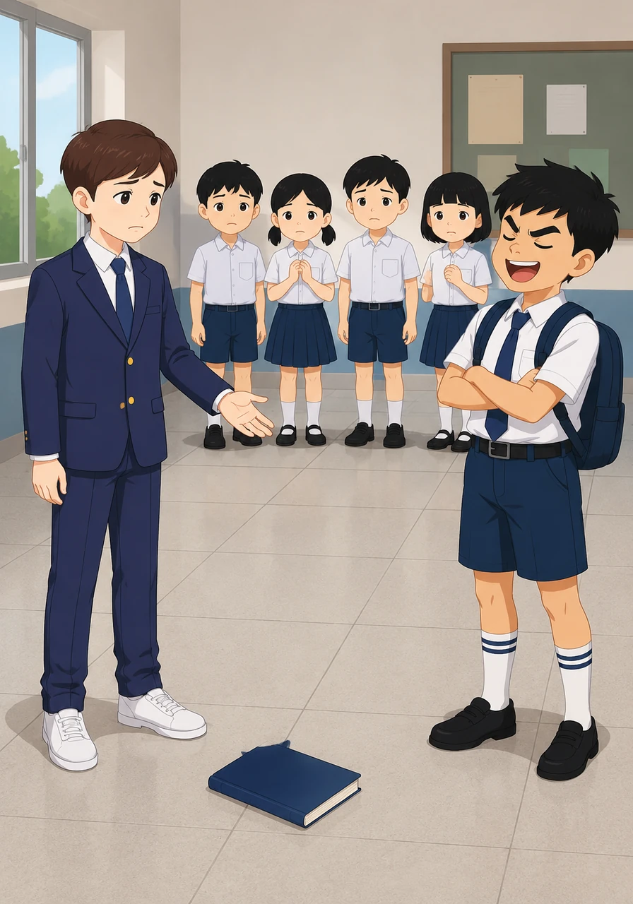 Malungkot na tiningnan ni Mark ang kanyang nahulog na libro, ngunit mahinahon pa rin siyang nakiusap kay Leo na ibalik ito nang maayos. Sa halip na makinig, tinawanan lamang siya ni Leo habang ang ibang mga kaklase ay tahimik na nanonood at walang magawa.
