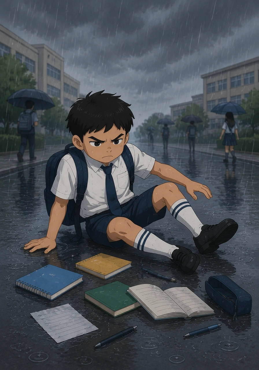 Kinabukasan matapos ang klase, bumuhos ang malakas na ulan kaya naging basang-basa ang daan pauwi. Nagmamadaling naglakad si Leo nang bigla siyang madulas, dahilan upang matumba siya at magkalat ang lahat ng kanyang mga gamit sa kalsada.