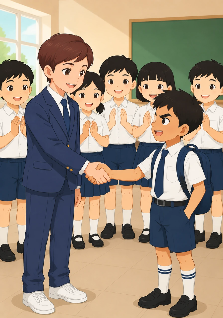 Masayang tinanggap ni Mark ang paumanhin ni Leo at inilahad ang kanyang kamay para sa isang mainit na pakikipagkamay upang simulan ang kanilang bagong pagkakaibigan. Nagpalakpakan nang malakas ang lahat ng kanilang mga kaklase sa loob ng silid-aralan.