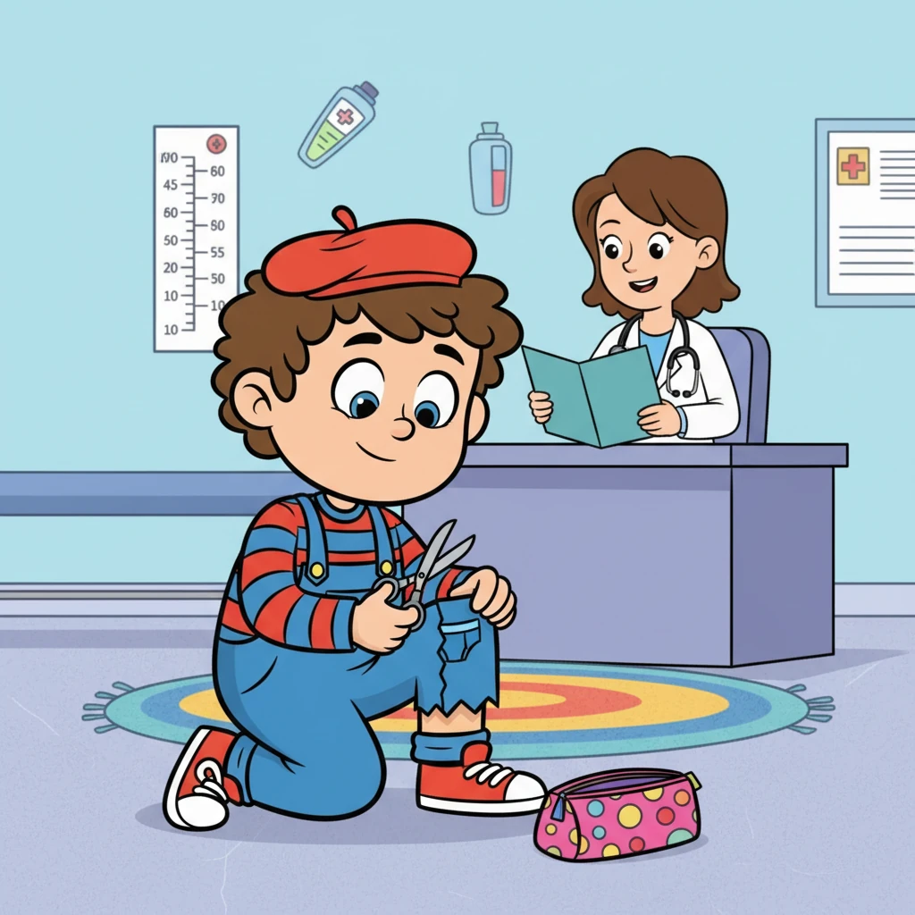 Après une série de questions amusantes du médecin, Sofiane eut une idée de génie. Discrètement, il sortit un petit ciseau de sa trousse et découpa le bas de son pantalon pour en faire un faux slip.